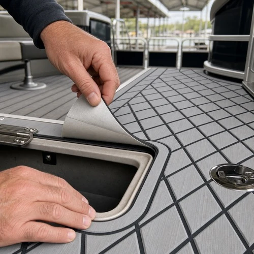 Installer aligning adhesive backed EVA marine deck around a boat hatch