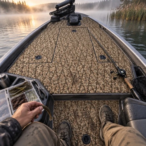 Bass boat bow deck with tan camouflage diamond-pattern flooring, fishing rod, tackle box, and trolling motor