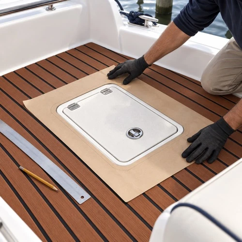 Gloved hands positioning a paper template around a hatch on a striped boat deck
