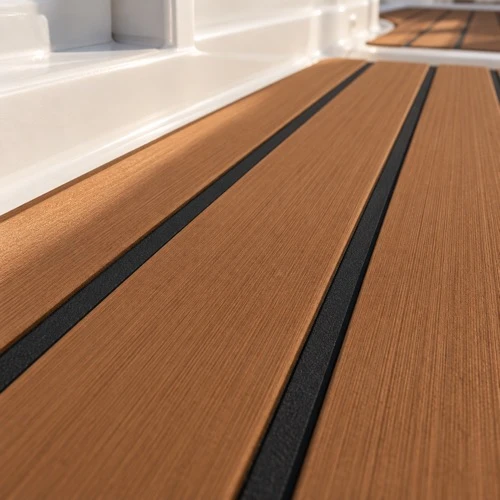 Close-up of teak-look boat flooring with black seam lines on a white boat deck
