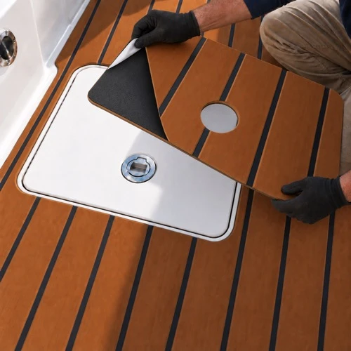 Gloved hands peeling a white release liner from a teak-look boat flooring panel over a hatch.