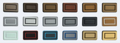 Rows of small rectangular marine flooring color and texture sample boards on a light background.