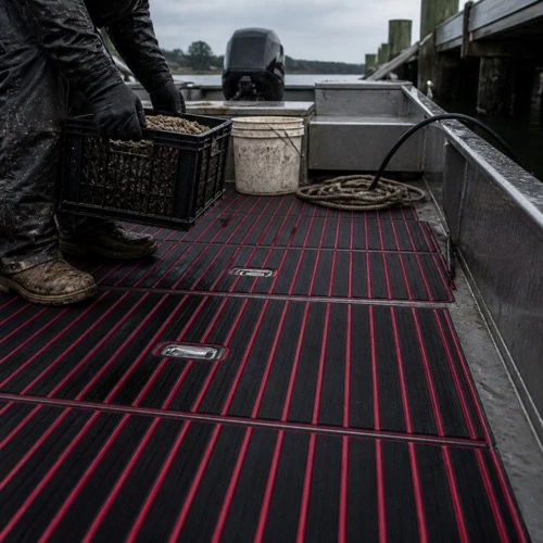 Black and red striped boat flooring on an aluminum workboat deck beside muddy boots, a crate, and dock lines.