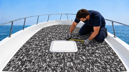 Person measuring and marking gray camo boat flooring around a hatch on a boat deck.