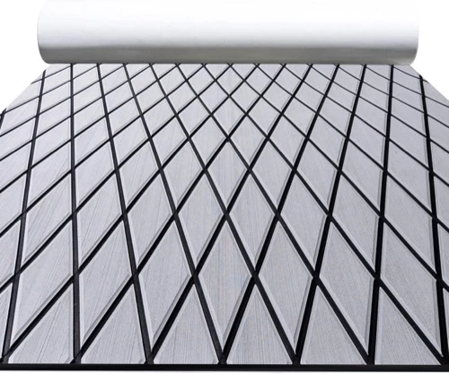 Light gray and black diamond-pattern foam boat flooring sheet.