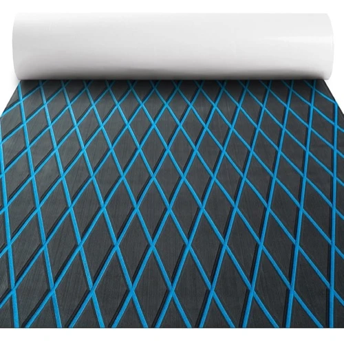 Rolled black foam boat flooring sheet with blue diamond grooves.