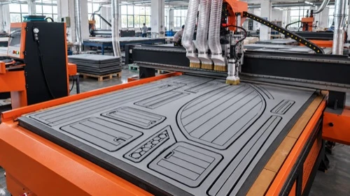 Gray grooved foam boat-deck parts arranged on a CNC cutting table.